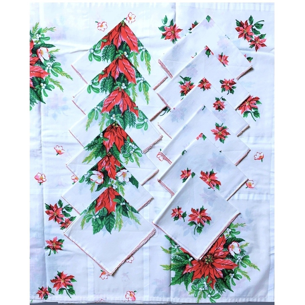 Christmas Tablecloth w 12 Napkins Poinsettias & Posies Holiday 60s Kitsch 70x96"